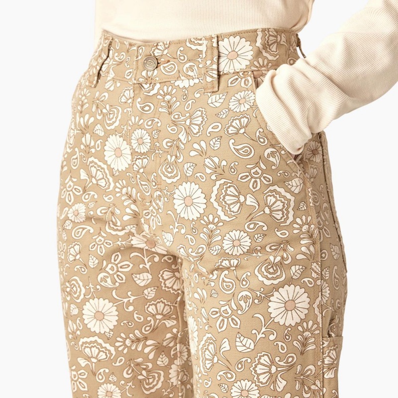 Khaki Dickies Ellis Floral Duck Canvas Women's Pants | 782-GBYRQO