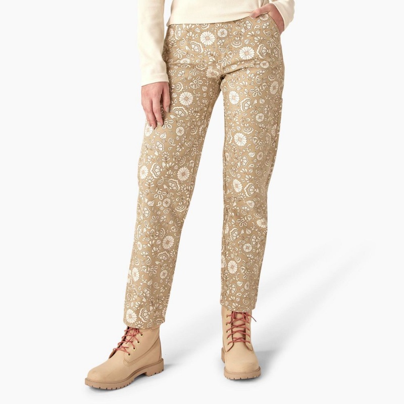 Khaki Dickies Ellis Floral Duck Canvas Women\'s Pants | 782-GBYRQO