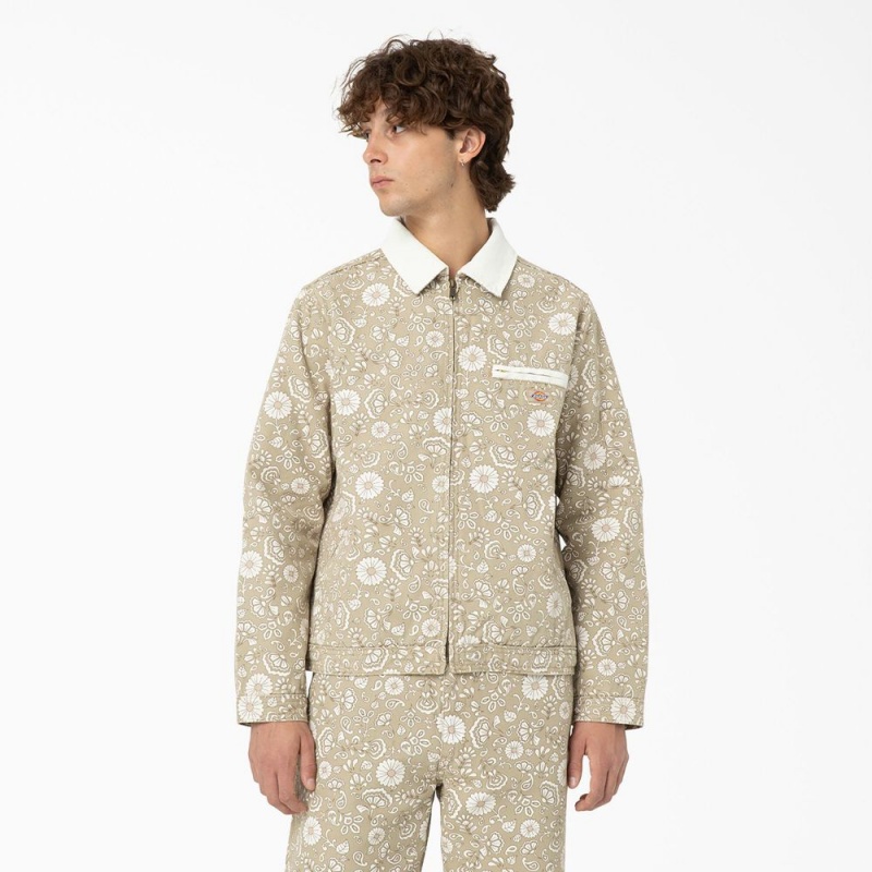 Khaki Dickies Ellis Floral Print Duck Canvas Men\'s Jacket | 048-ETGWIK