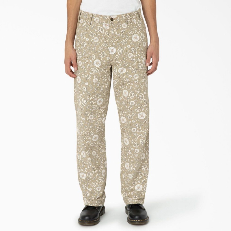 Khaki Dickies Ellis Floral Print Duck Canvas Men\'s Pants | 209-QVWOKE