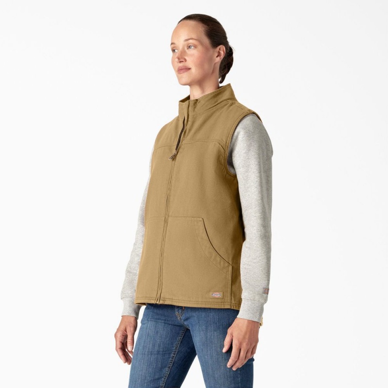 Khaki Dickies Fleece Lined Duck Canvas Women's Vest | 392-LBNQFM