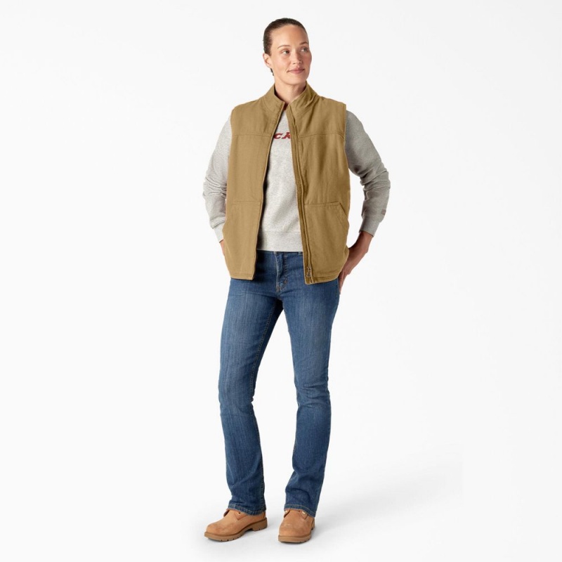 Khaki Dickies Fleece Lined Duck Canvas Women's Vest | 392-LBNQFM