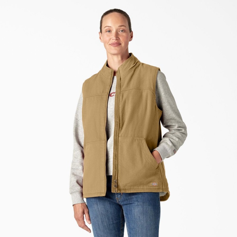 Khaki Dickies Fleece Lined Duck Canvas Women\'s Vest | 392-LBNQFM