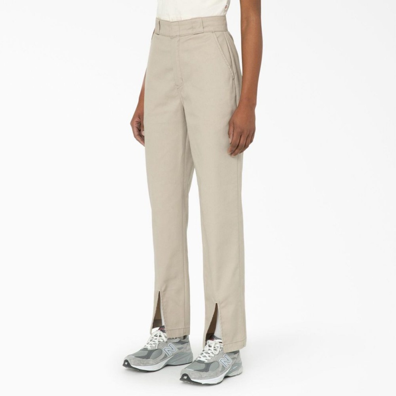 Khaki Dickies Phoenix Split Hem Women's Pants | 825-JDOCXL