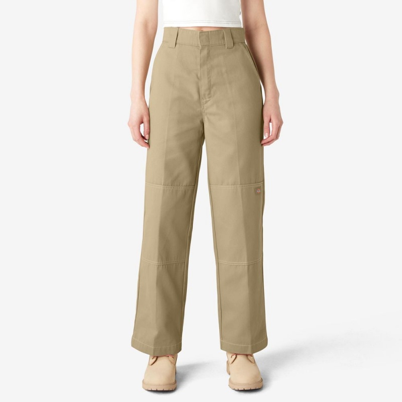 Khaki Dickies Relaxed Fit Double Knee Women\'s Pants | 084-ZTDARW