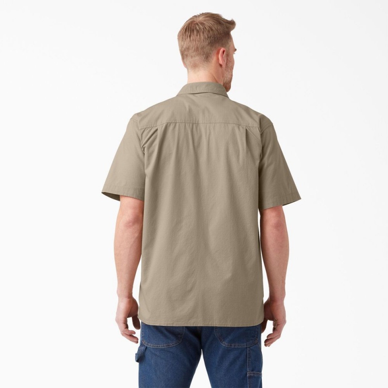 Khaki Dickies Short Sleeve Ripstop Men's Work Shirts | 802-DMHXFK