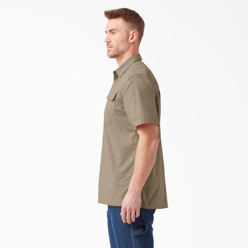 Khaki Dickies Short Sleeve Ripstop Men's Work Shirts | 802-DMHXFK