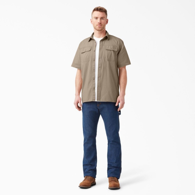 Khaki Dickies Short Sleeve Ripstop Men's Work Shirts | 802-DMHXFK