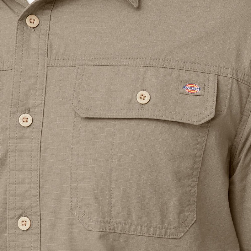 Khaki Dickies Short Sleeve Ripstop Men's Work Shirts | 802-DMHXFK