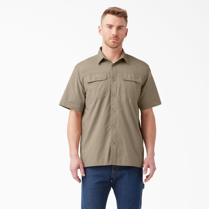 Khaki Dickies Short Sleeve Ripstop Men\'s Work Shirts | 802-DMHXFK