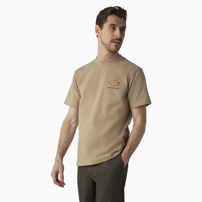 Khaki Dickies Skateboarding Regular Fit Chest Logo Men's T-Shirt | 054-ZRXUYG