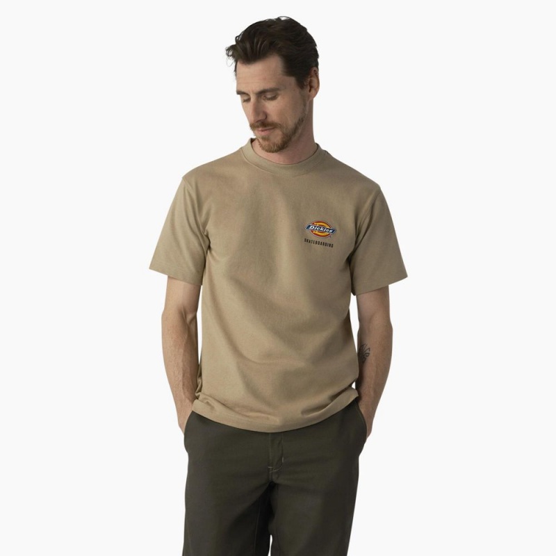 Khaki Dickies Skateboarding Regular Fit Chest Logo Men\'s T-Shirt | 054-ZRXUYG