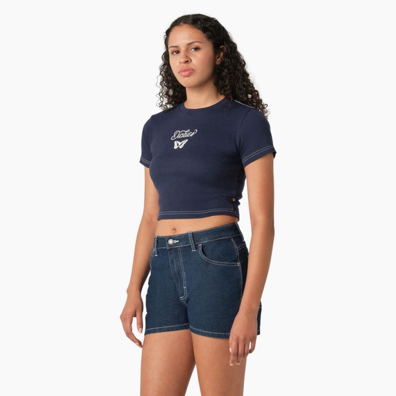 Navy Dickies Butterfly Graphic Cropped Baby Women's T-Shirt | 052-YFVEUT