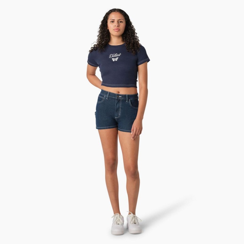 Navy Dickies Butterfly Graphic Cropped Baby Women's T-Shirt | 052-YFVEUT