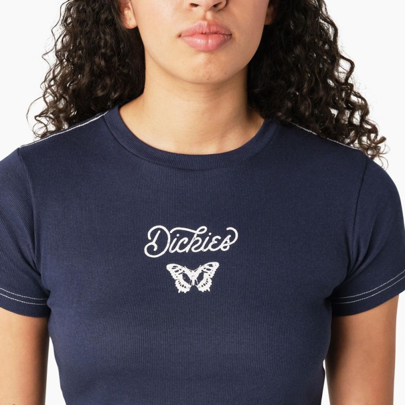 Navy Dickies Butterfly Graphic Cropped Baby Women's T-Shirt | 052-YFVEUT