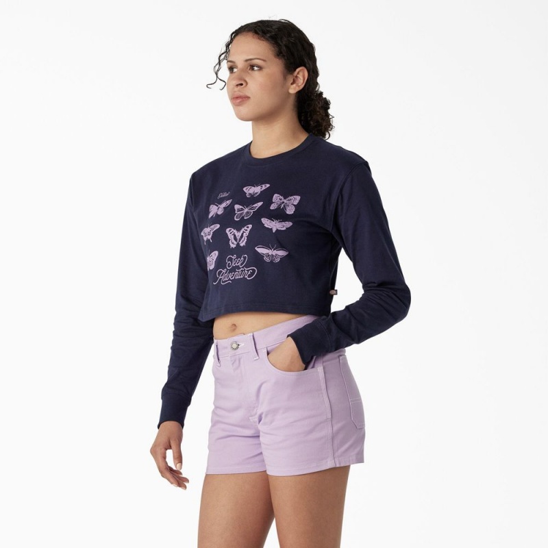 Navy Dickies Butterfly Graphic Long Sleeve Cropped Women's T-Shirt | 395-SEYORW