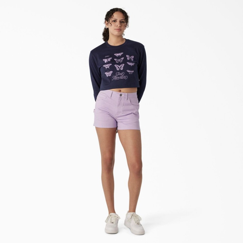 Navy Dickies Butterfly Graphic Long Sleeve Cropped Women's T-Shirt | 395-SEYORW