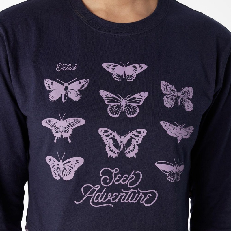 Navy Dickies Butterfly Graphic Long Sleeve Cropped Women's T-Shirt | 395-SEYORW