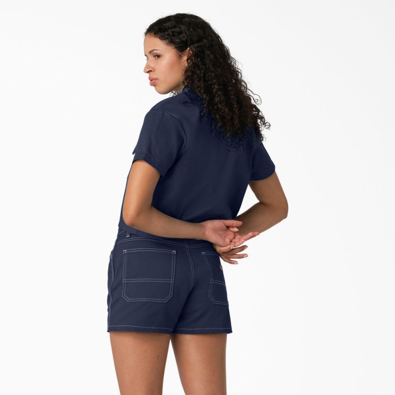 Navy Dickies Cropped Women's Work Shirts | 071-HPYOEL