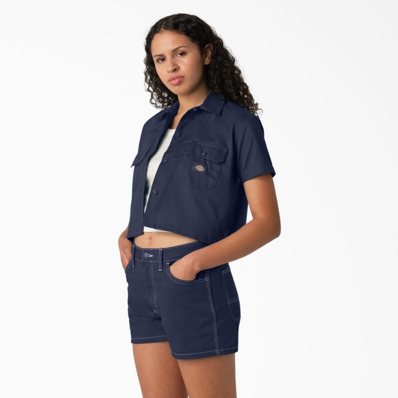 Navy Dickies Cropped Women's Work Shirts | 071-HPYOEL