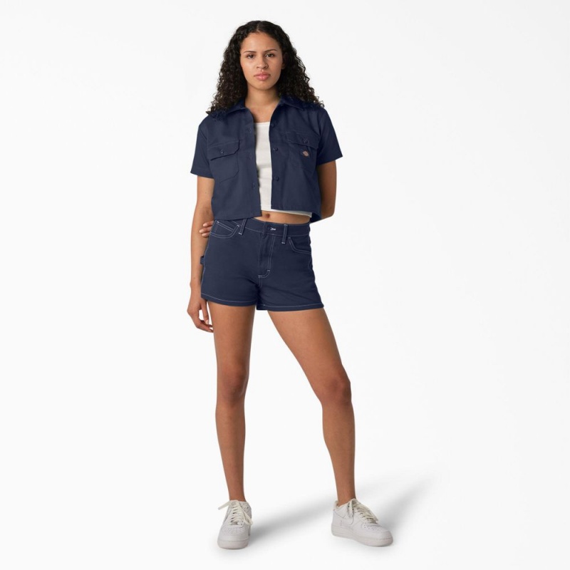 Navy Dickies Cropped Women's Work Shirts | 071-HPYOEL