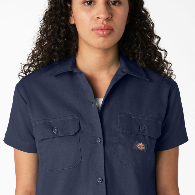 Navy Dickies Cropped Women's Work Shirts | 071-HPYOEL