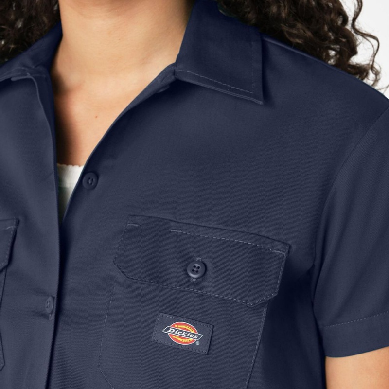 Navy Dickies Cropped Women's Work Shirts | 071-HPYOEL