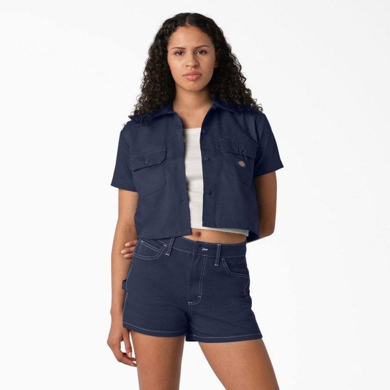 Navy Dickies Cropped Women\'s Work Shirts | 071-HPYOEL