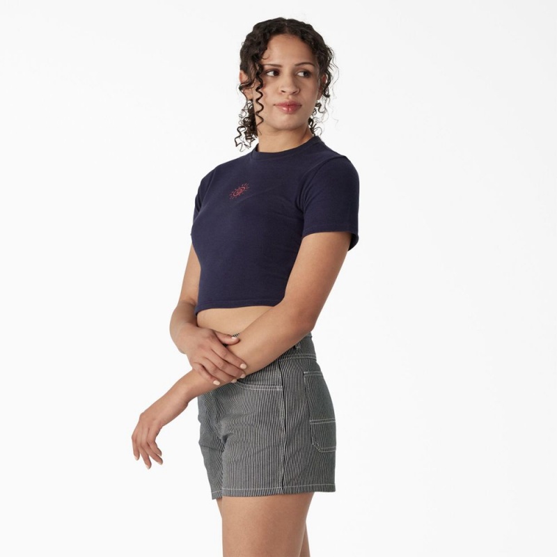 Navy Dickies Embroidered Cropped Baby Women's T-Shirt | 691-APJKMT