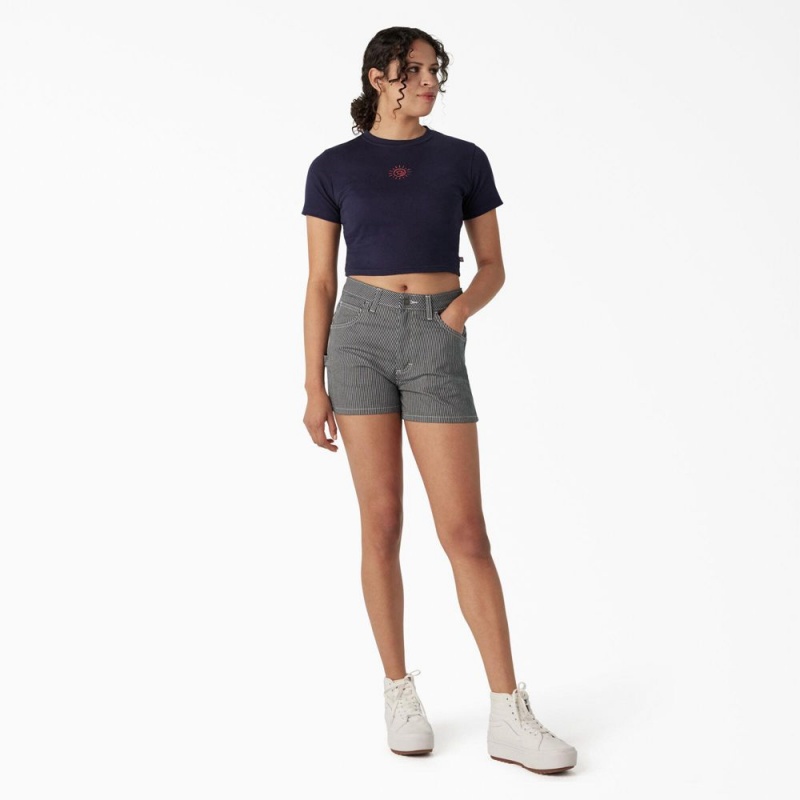 Navy Dickies Embroidered Cropped Baby Women's T-Shirt | 691-APJKMT