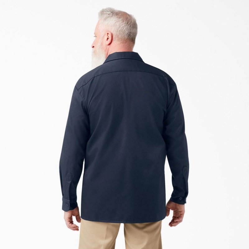 Navy Dickies FLEX Relaxed Fit Long Sleeve Men's Work Shirts | 794-JZPBMT