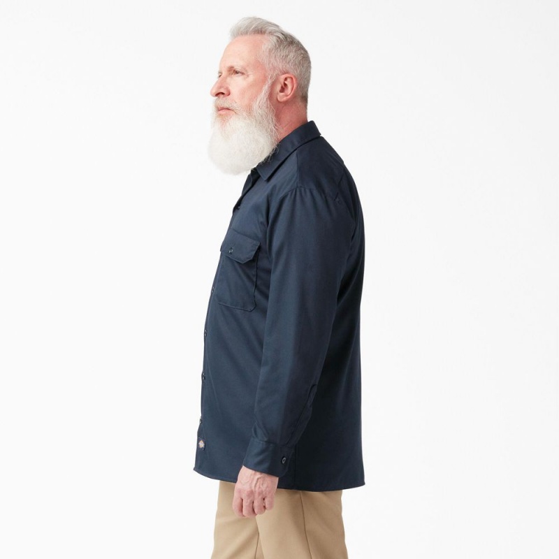 Navy Dickies FLEX Relaxed Fit Long Sleeve Men's Work Shirts | 794-JZPBMT