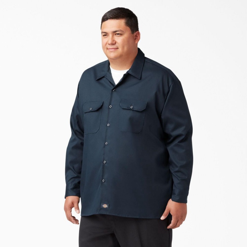 Navy Dickies FLEX Relaxed Fit Long Sleeve Men's Work Shirts | 794-JZPBMT