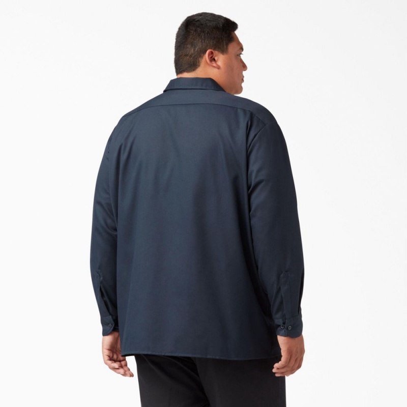 Navy Dickies FLEX Relaxed Fit Long Sleeve Men's Work Shirts | 794-JZPBMT