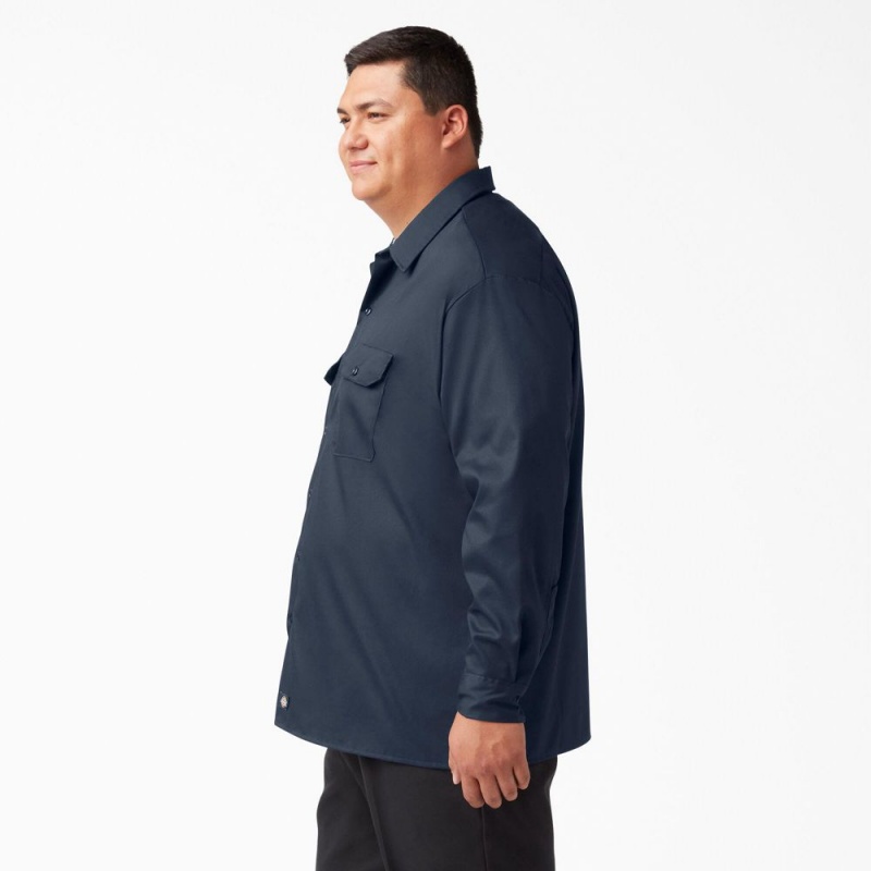 Navy Dickies FLEX Relaxed Fit Long Sleeve Men's Work Shirts | 794-JZPBMT