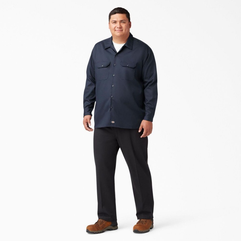 Navy Dickies FLEX Relaxed Fit Long Sleeve Men's Work Shirts | 794-JZPBMT