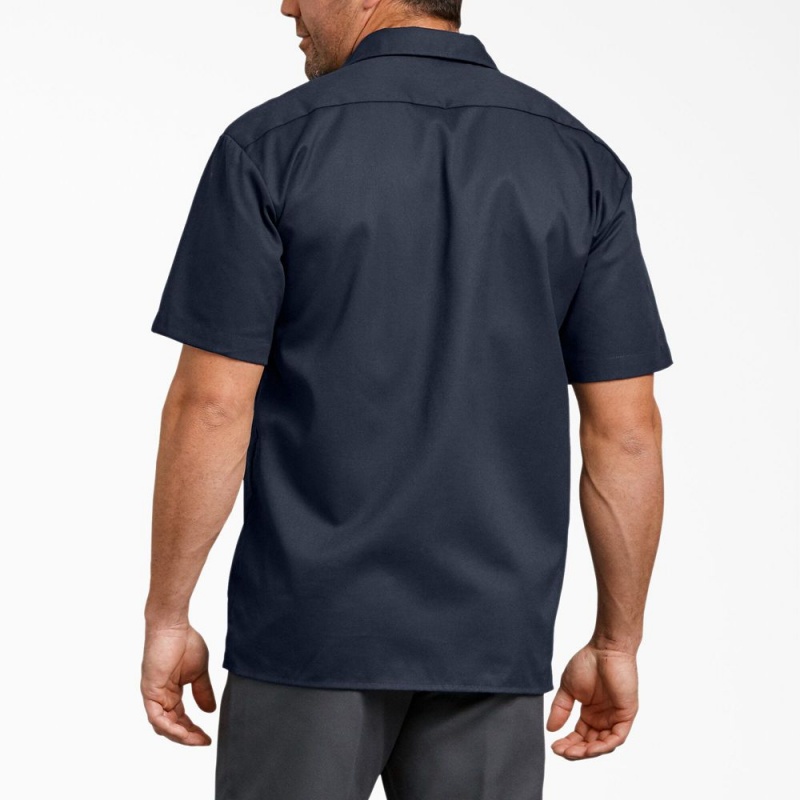 Navy Dickies FLEX Relaxed Fit Short Sleeve Men's Work Shirts | 239-SXBEAN