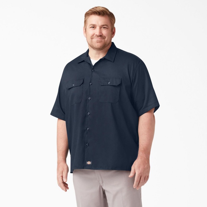 Navy Dickies FLEX Relaxed Fit Short Sleeve Men's Work Shirts | 239-SXBEAN