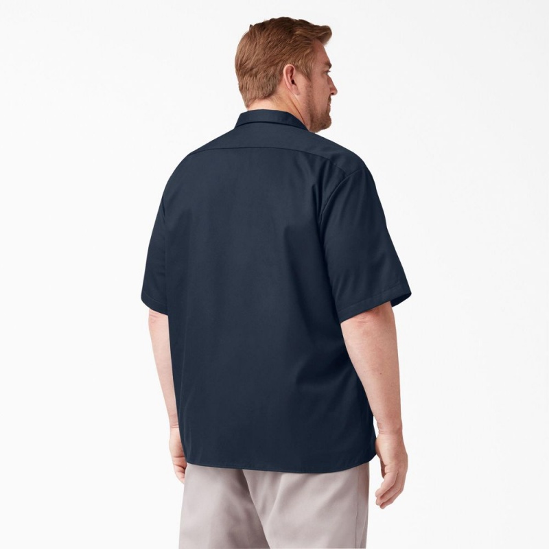 Navy Dickies FLEX Relaxed Fit Short Sleeve Men's Work Shirts | 239-SXBEAN