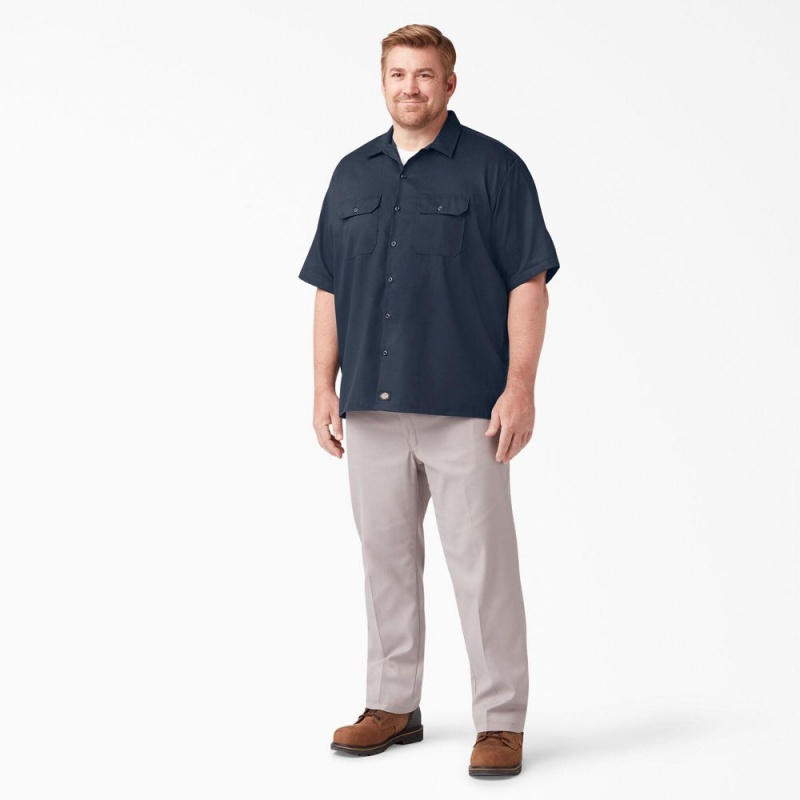 Navy Dickies FLEX Relaxed Fit Short Sleeve Men's Work Shirts | 239-SXBEAN