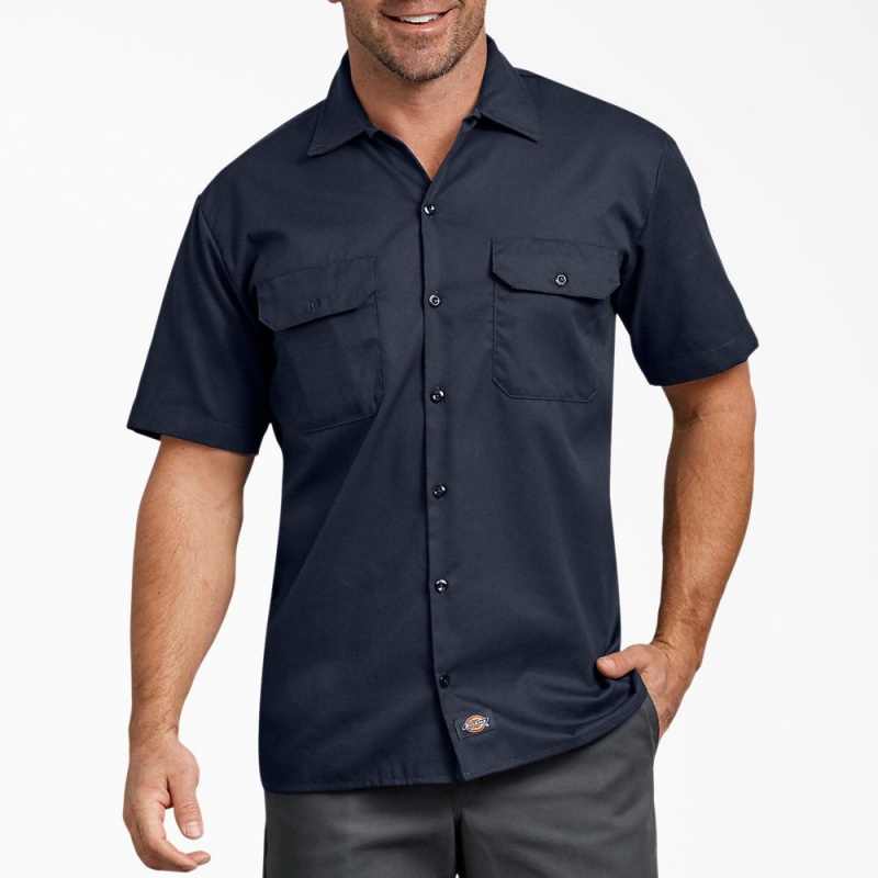 Navy Dickies FLEX Relaxed Fit Short Sleeve Men\'s Work Shirts | 239-SXBEAN