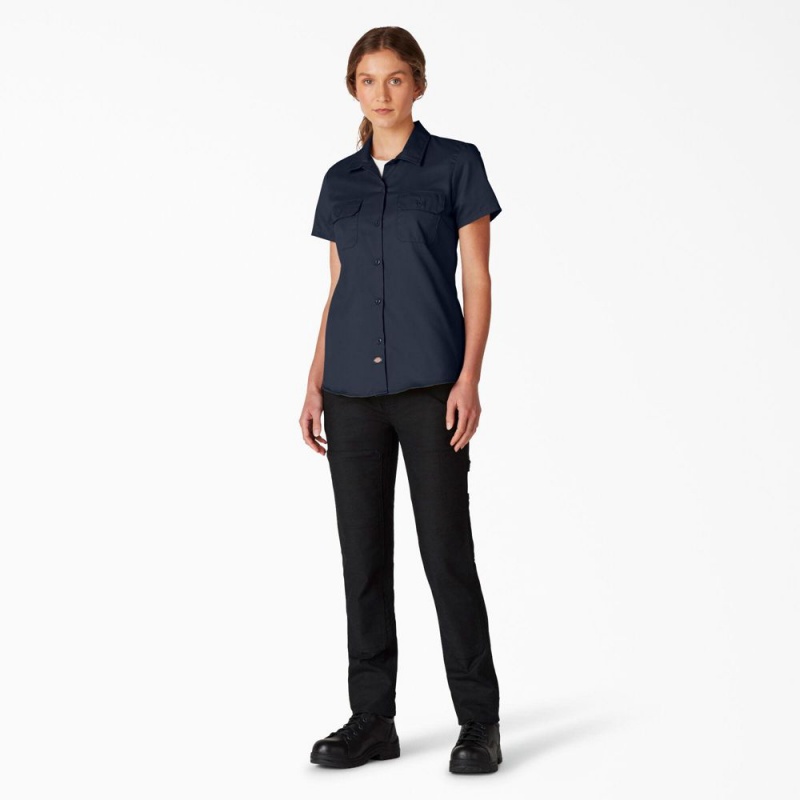 Navy Dickies FLEX Short Sleeve Women's Work Shirts | 352-KUVWHG