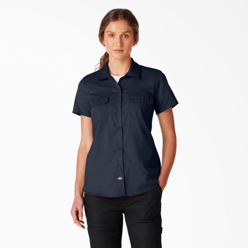 Navy Dickies FLEX Short Sleeve Women\'s Work Shirts | 352-KUVWHG