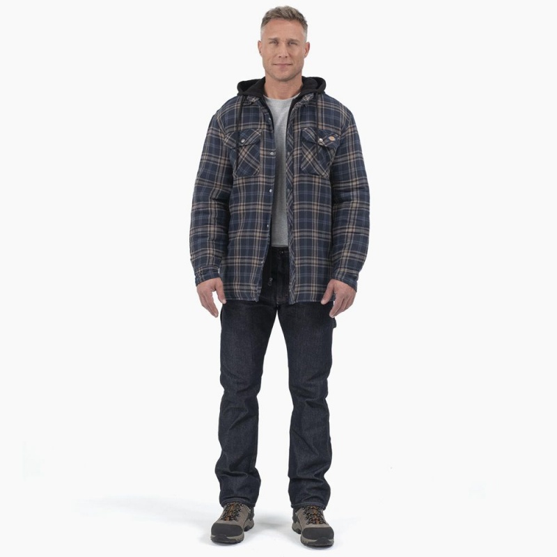 Navy Dickies Flannel Hooded Shirt Men's Jacket | 247-GICFHT