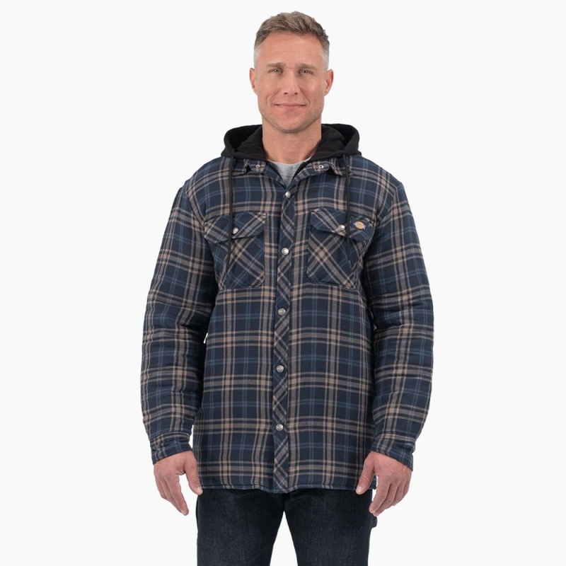 Navy Dickies Flannel Hooded Shirt Men\'s Jacket | 247-GICFHT