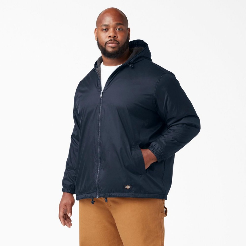 Navy Dickies Fleece Lined Nylon Hooded Men's Jacket | 286-ESNULT