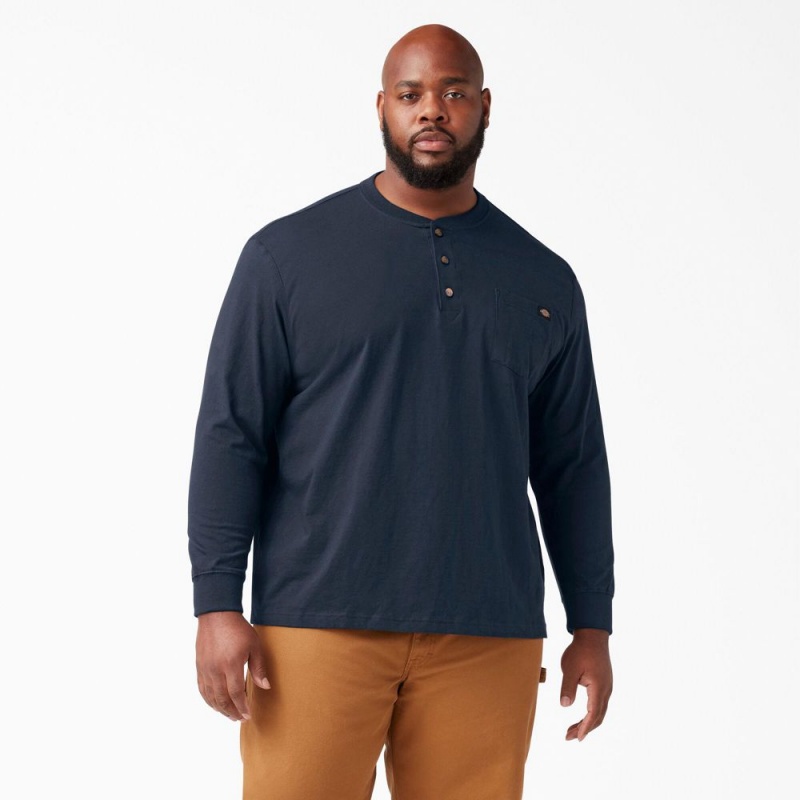 Navy Dickies Heavyweight Long Sleeve Henley Men's T-Shirt | 328-ITUPYQ