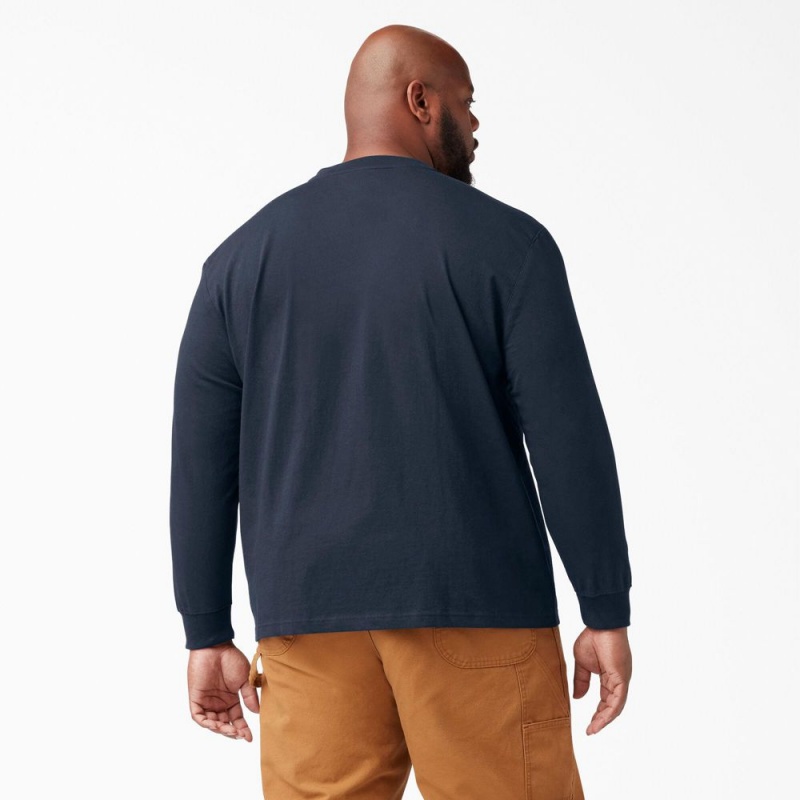 Navy Dickies Heavyweight Long Sleeve Henley Men's T-Shirt | 328-ITUPYQ