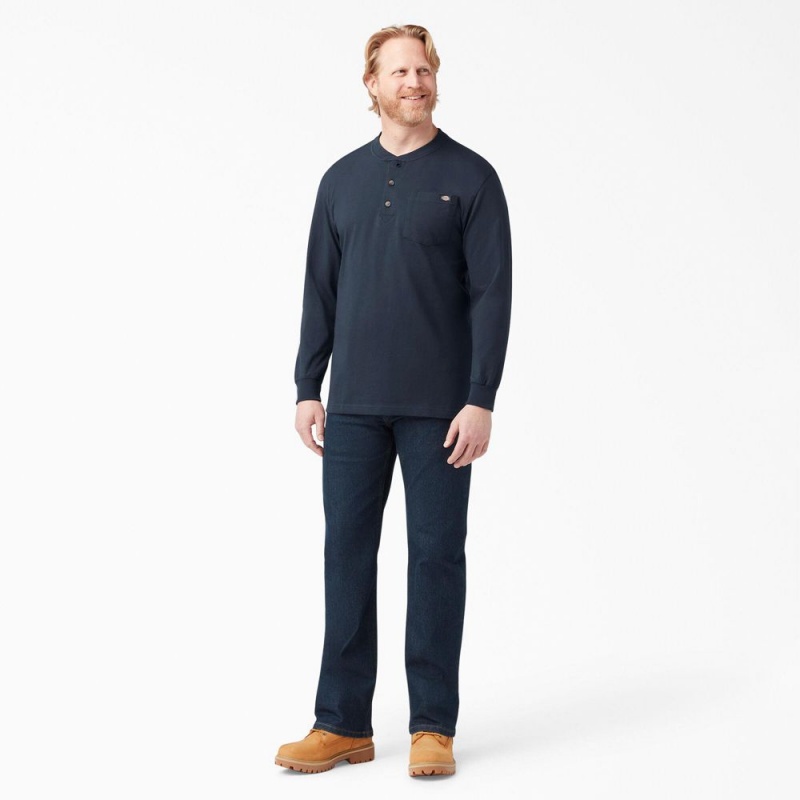 Navy Dickies Heavyweight Long Sleeve Henley Men's T-Shirt | 328-ITUPYQ