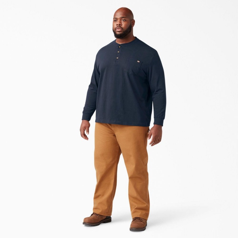 Navy Dickies Heavyweight Long Sleeve Henley Men's T-Shirt | 328-ITUPYQ